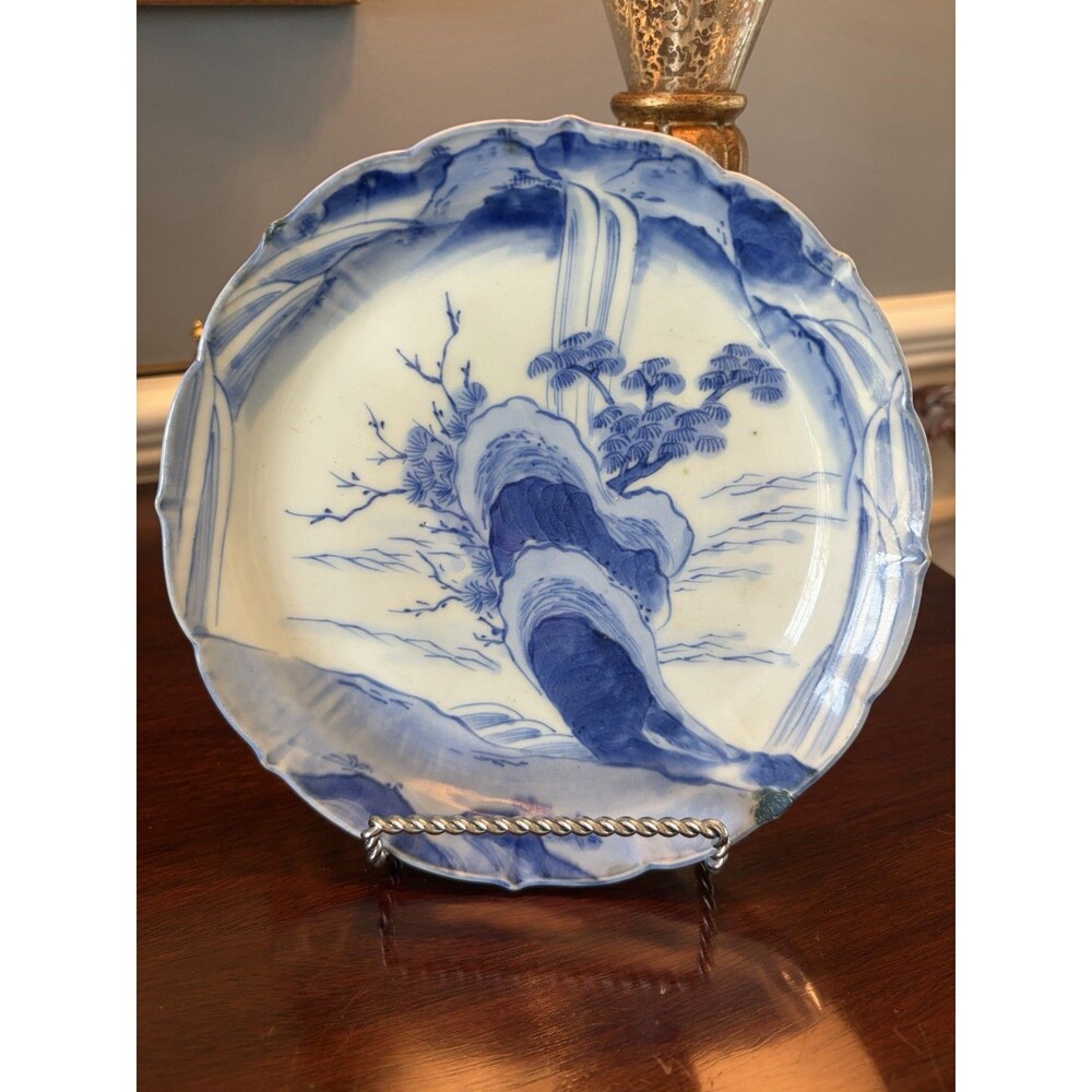 Antique Japanese Arita Imari Porcelain Plate with Landscape Scene Late Edo